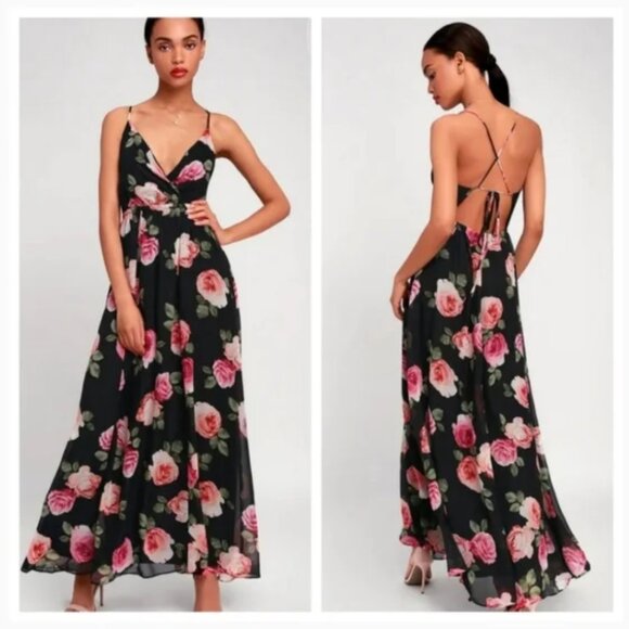 Lulu's Part of Me Rose Print Black Maxi Dress - Picture 1 of 5